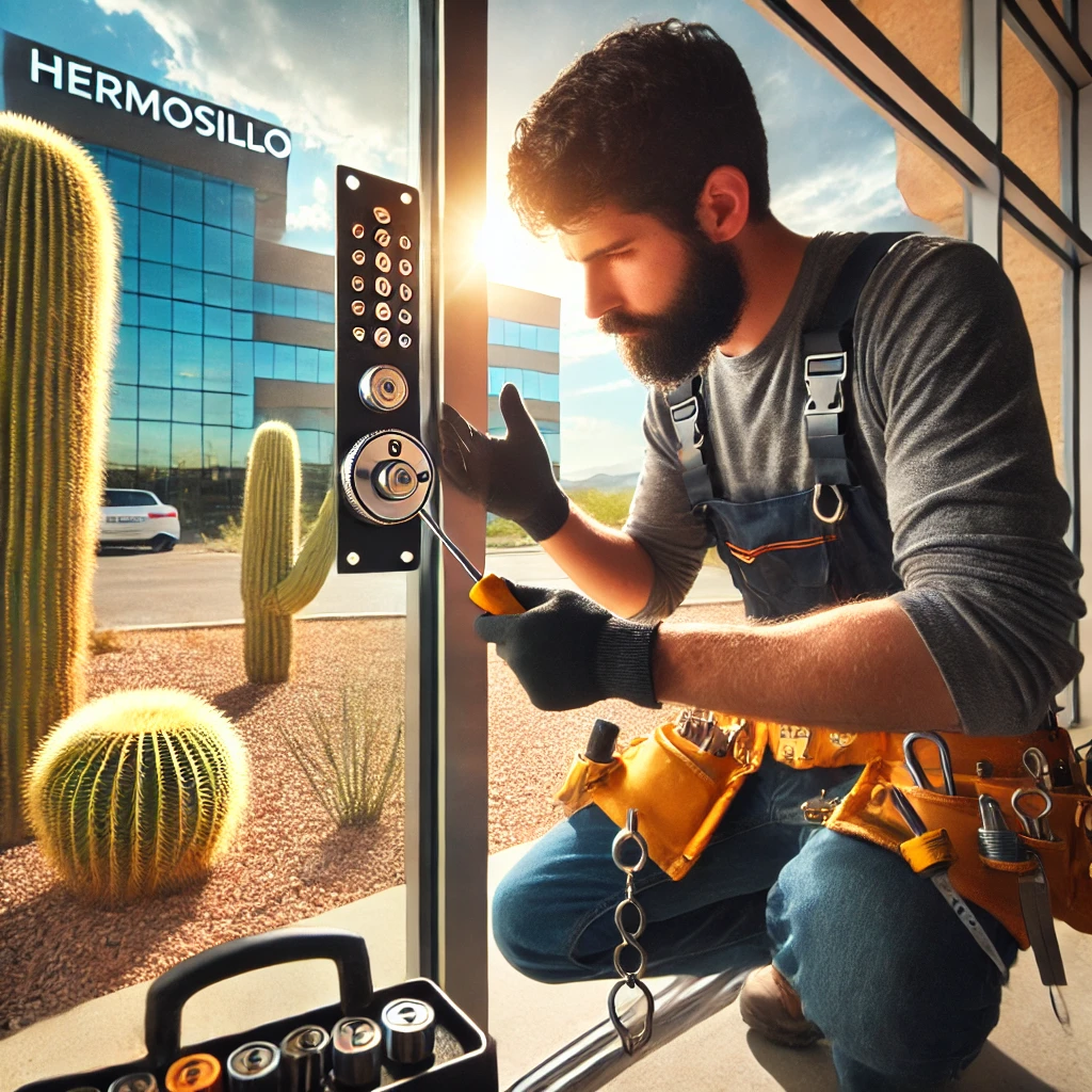 Dall·e 2024 09 23 23. 06. 13 a locksmith upgrading a lock on a glass door of a modern business building in hermosillo. The locksmith is using advanced tools to install a high tech 1