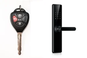 Imagen de llaves de carro y cerradura de puerta inteligente